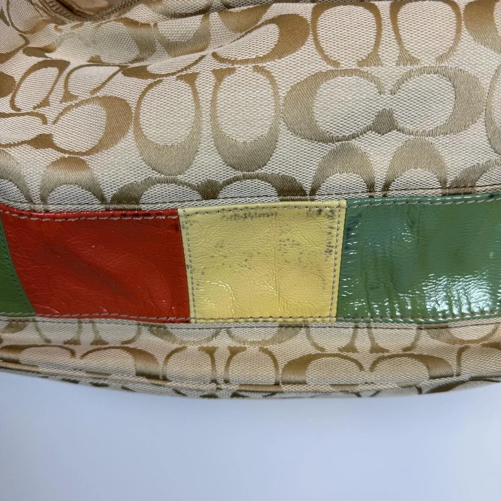 Coach Hobo Bag Womens Medium Beige Signature Poppy Multicolor‎ Patchwork Canvas